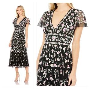 Mac Duggal 35104 NWT EMBROIDERED V NECK CAP SLEEVE MIDI DRESS